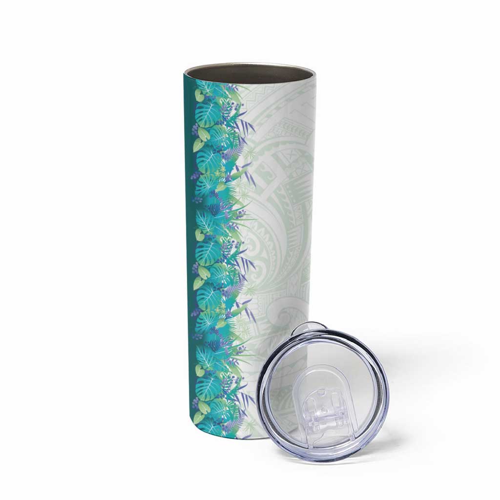 Hawaii Tropical Plant Teal Skinny Tumbler Vibrant Polynesian Pattern