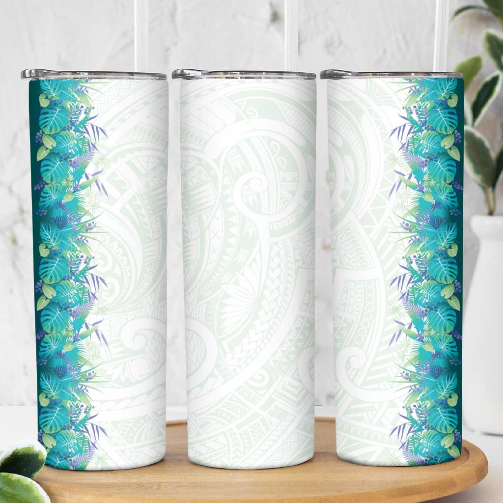 Hawaii Tropical Plant Teal Skinny Tumbler Vibrant Polynesian Pattern