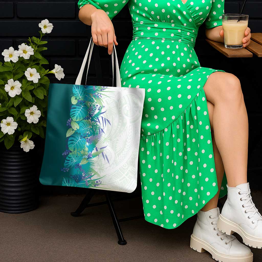 Hawaii Tropical Plant Teal Tote Bag Vibrant Polynesian Pattern
