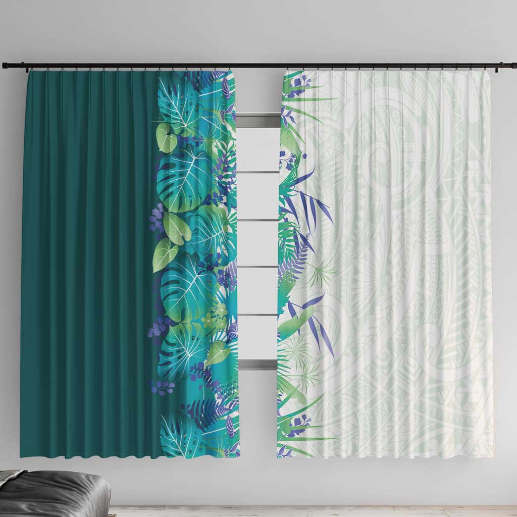 Hawaii Tropical Plant Teal Window Curtain Vibrant Polynesian Pattern