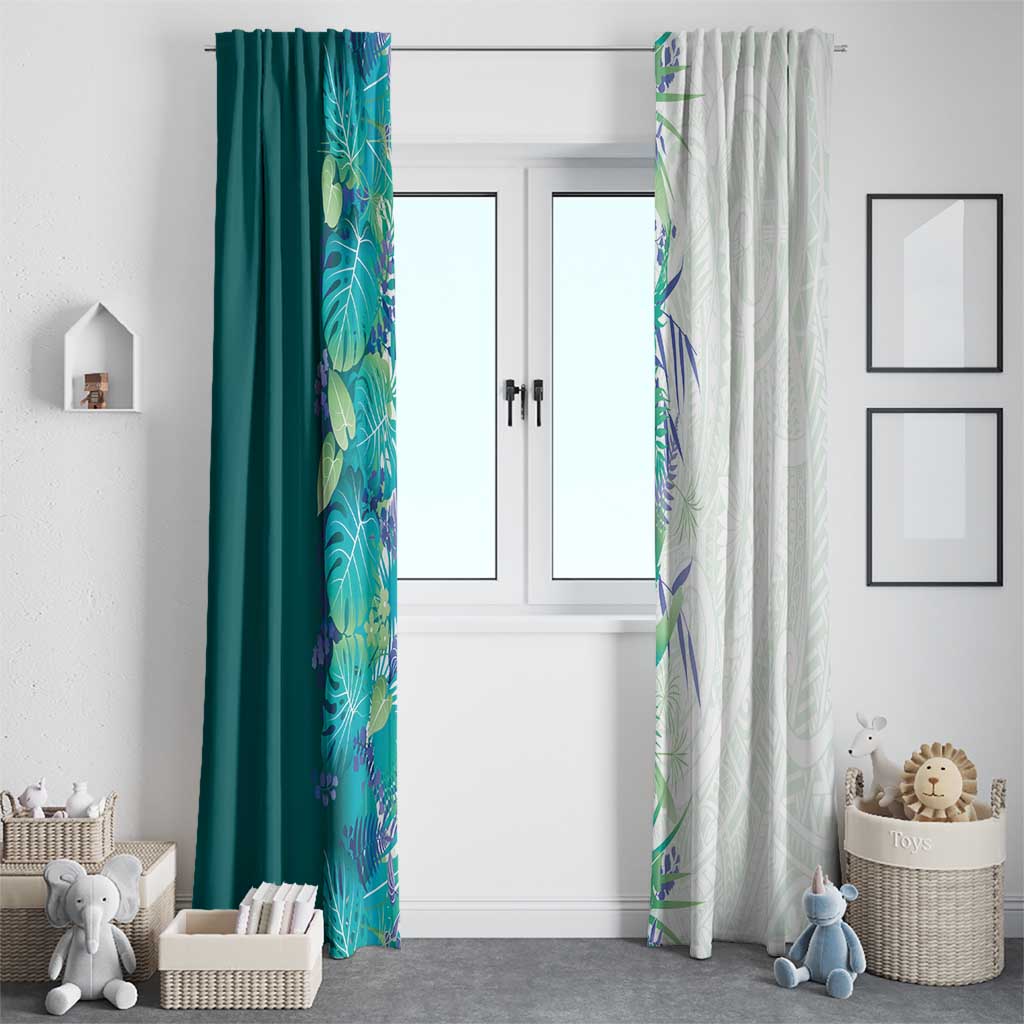 Hawaii Tropical Plant Teal Window Curtain Vibrant Polynesian Pattern