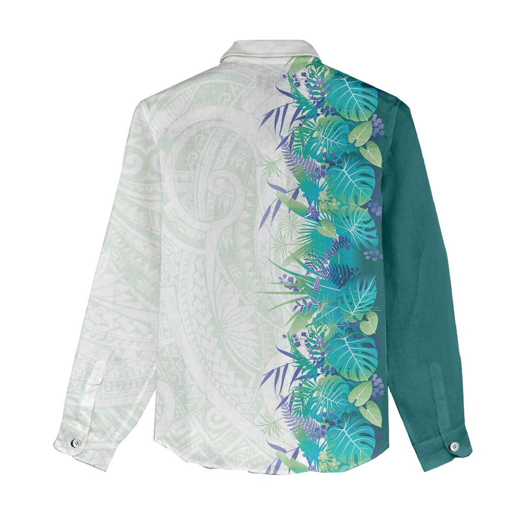 Hawaii Tropical Plant Teal Women Casual Shirt Vibrant Polynesian Pattern