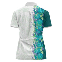 Hawaii Tropical Plant Teal Women Polo Shirt Vibrant Polynesian Pattern