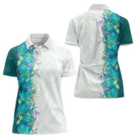 Hawaii Tropical Plant Teal Women Polo Shirt Vibrant Polynesian Pattern