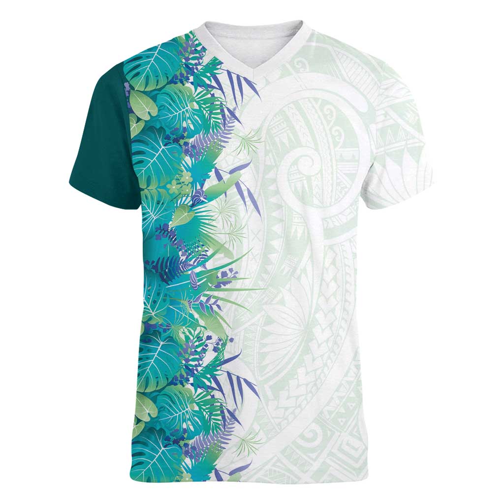 Hawaii Tropical Plant Teal Women V-Neck T-Shirt Vibrant Polynesian Pattern