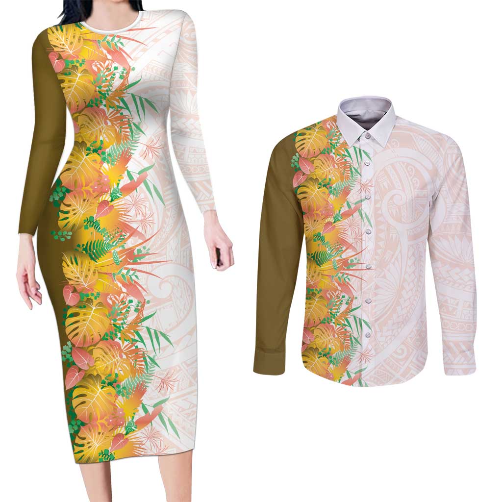 Hawaii Tropical Plant Lenalena Couples Matching Long Sleeve Bodycon Dress and Long Sleeve Button Shirt Vibrant Polynesian Pattern