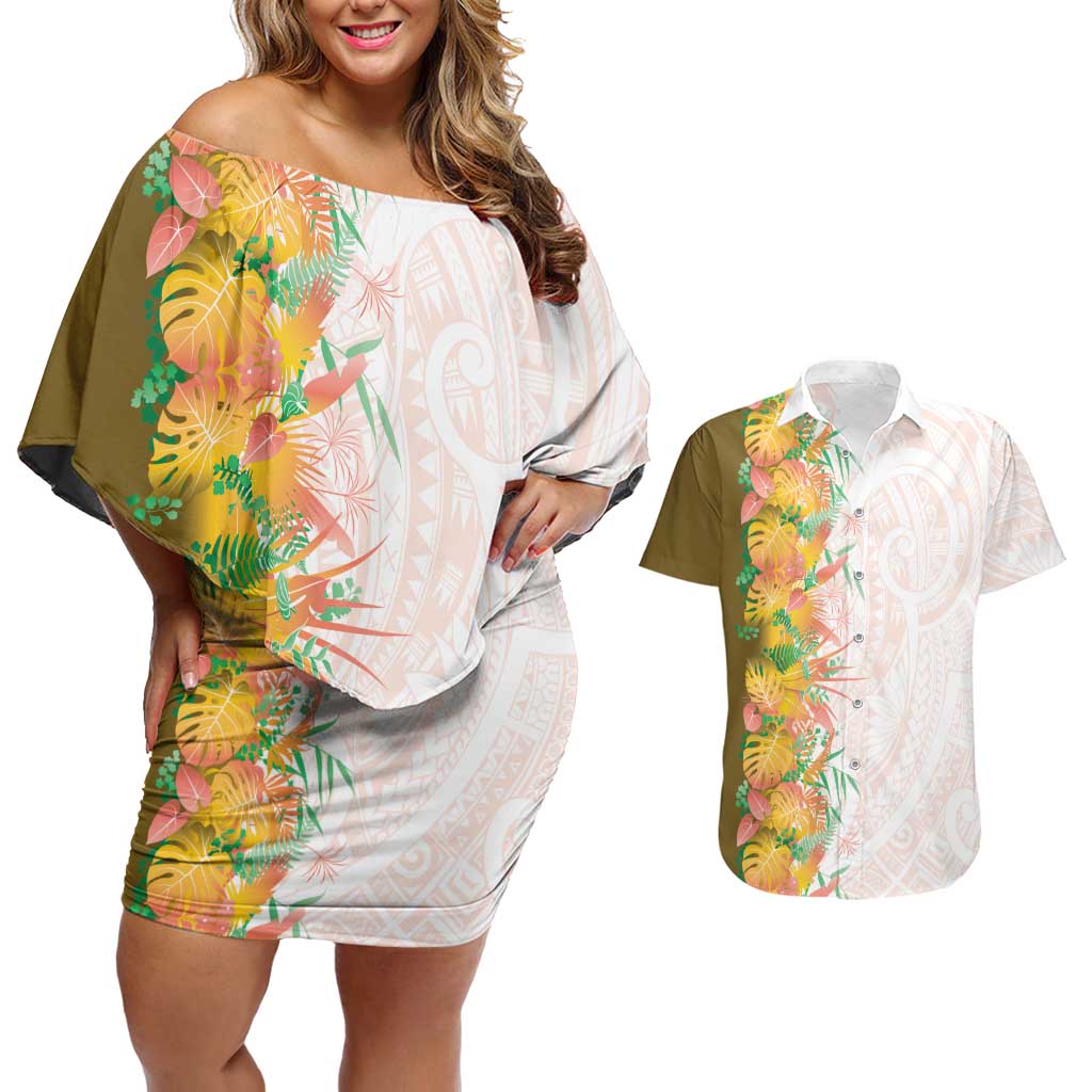 Hawaii Tropical Plant Lenalena Couples Matching Off Shoulder Short Dress and Hawaiian Shirt Vibrant Polynesian Pattern