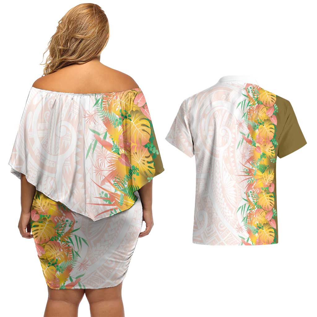 Hawaii Tropical Plant Lenalena Couples Matching Off Shoulder Short Dress and Hawaiian Shirt Vibrant Polynesian Pattern