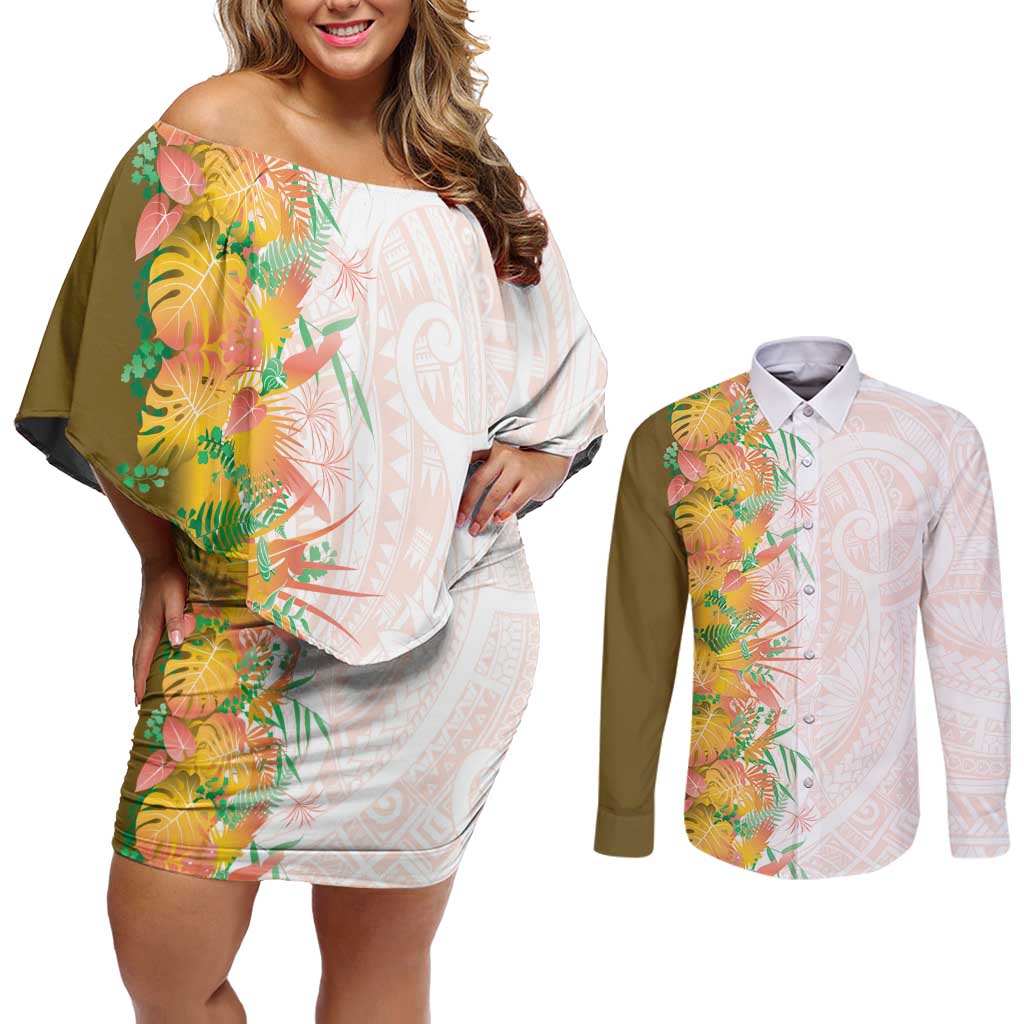 Hawaii Tropical Plant Lenalena Couples Matching Off Shoulder Short Dress and Long Sleeve Button Shirt Vibrant Polynesian Pattern
