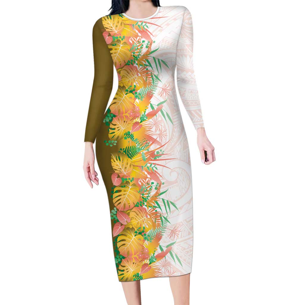 Hawaii Tropical Plant Lenalena Family Matching Long Sleeve Bodycon Dress and Hawaiian Shirt Vibrant Polynesian Pattern