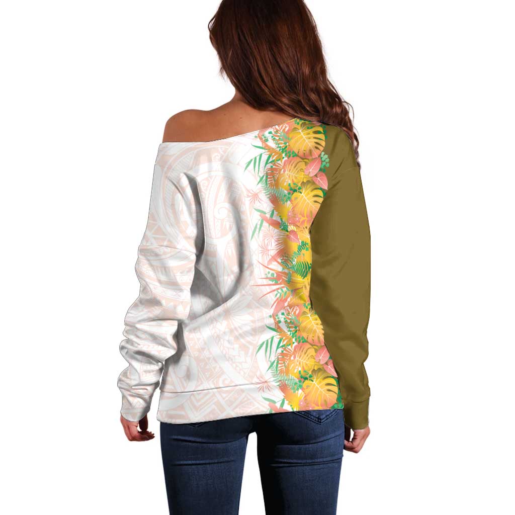Hawaii Tropical Plant Lenalena Off Shoulder Sweater Vibrant Polynesian Pattern