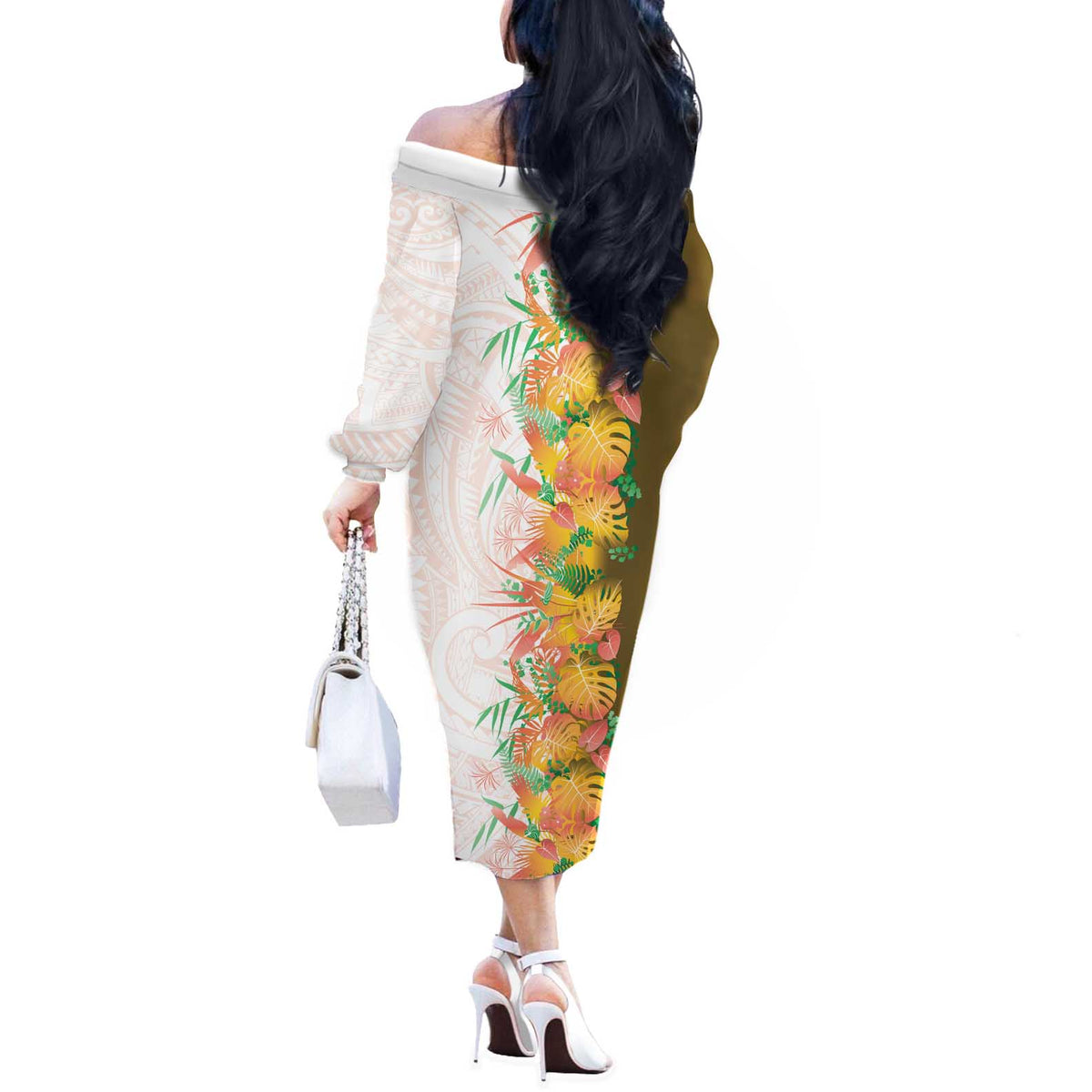 Hawaii Tropical Plant Lenalena Off The Shoulder Long Sleeve Dress Vibrant Polynesian Pattern