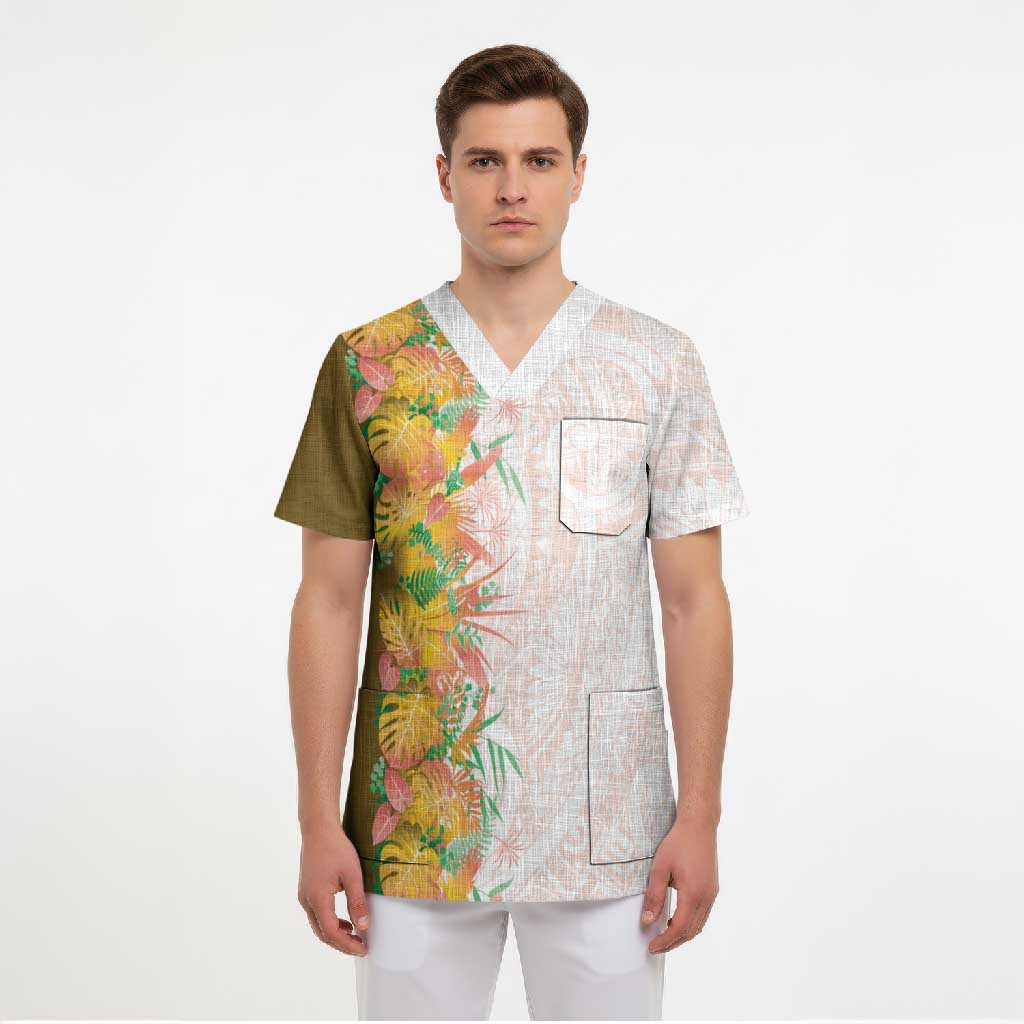 Hawaii Tropical Plant Lenalena Scrub Top Vibrant Polynesian Pattern