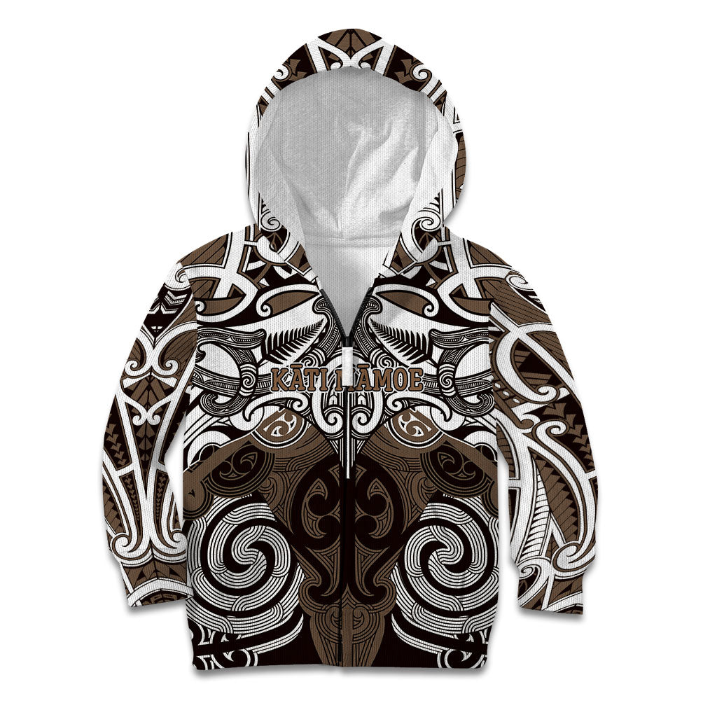 Personalised Maori Kati Mamoe Kid Hoodie Silver Fern Kowhaiwhai Art