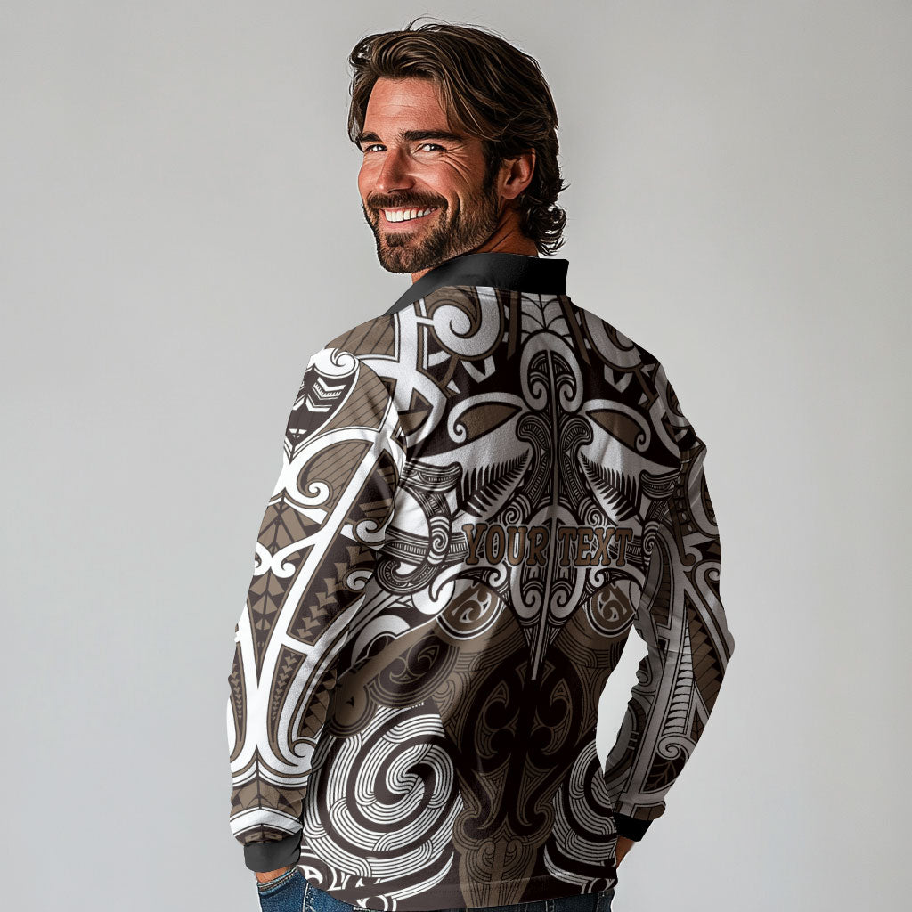 Personalised Maori Kati Mamoe Long Sleeve Polo Shirt Silver Fern Kowhaiwhai Art