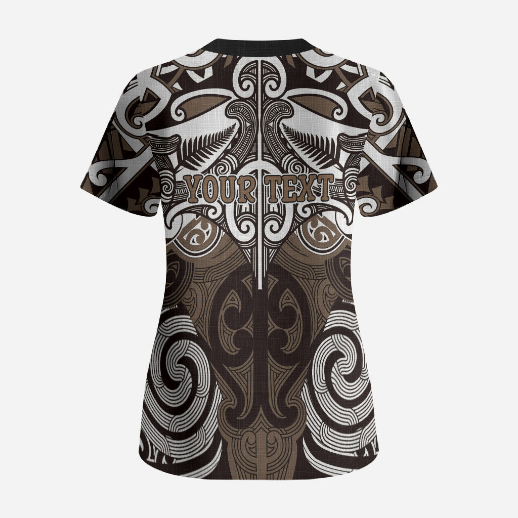 Personalised Maori Kati Mamoe Scrub Top Silver Fern Kowhaiwhai Art