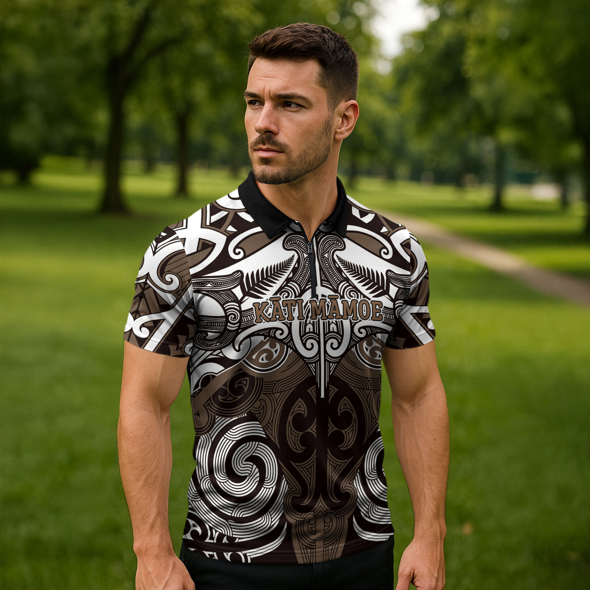 Personalised Maori Kati Mamoe Zipper Polo Shirt Silver Fern Kowhaiwhai Art