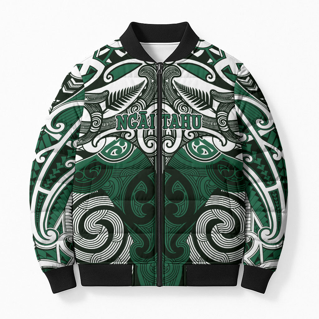 Personalised Maori Ngai Tahu Bomber Puffer Jacket Silver Fern Kowhaiwhai Art