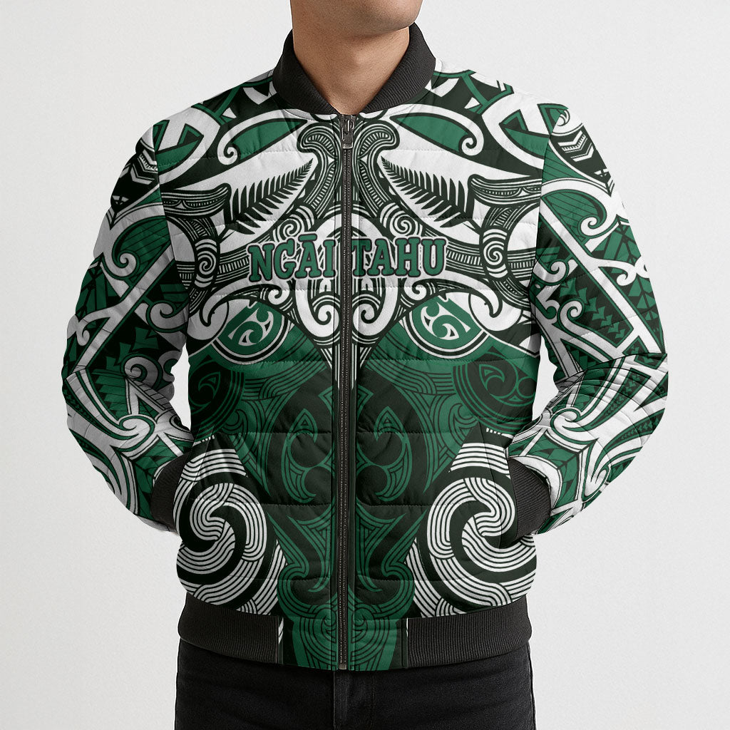 Personalised Maori Ngai Tahu Bomber Puffer Jacket Silver Fern Kowhaiwhai Art
