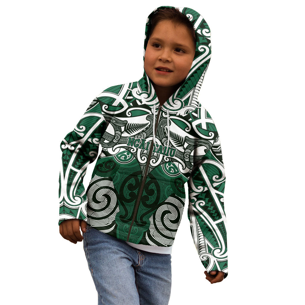 Personalised Maori Ngai Tahu Kid Hoodie Silver Fern Kowhaiwhai Art