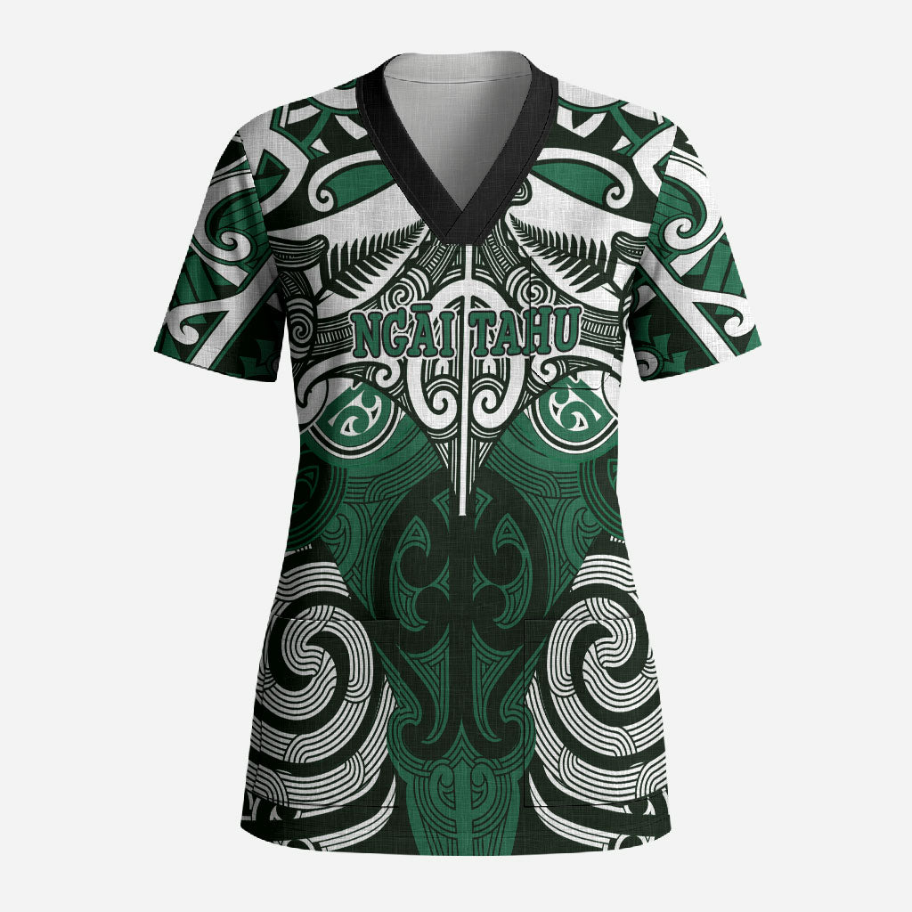 Personalised Maori Ngai Tahu Scrub Top Silver Fern Kowhaiwhai Art