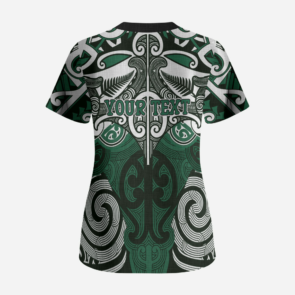 Personalised Maori Ngai Tahu Scrub Top Silver Fern Kowhaiwhai Art