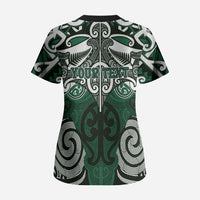 Personalised Maori Ngai Tahu Scrub Top Silver Fern Kowhaiwhai Art