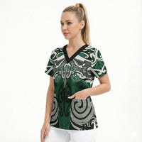 Personalised Maori Ngai Tahu Scrub Top Silver Fern Kowhaiwhai Art