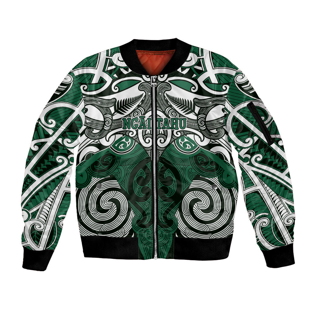 Personalised Maori Ngai Tahu Sleeve Zip Bomber Jacket Silver Fern Kowhaiwhai Art