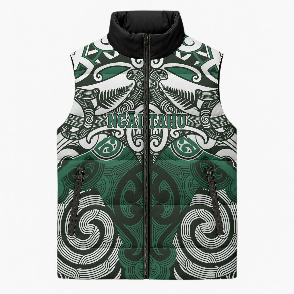 Personalised Maori Ngai Tahu Sleeveless Puffer Jacket Silver Fern Kowhaiwhai Art