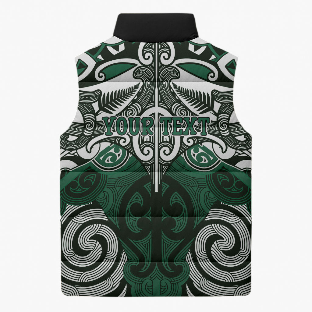 Personalised Maori Ngai Tahu Sleeveless Puffer Jacket Silver Fern Kowhaiwhai Art