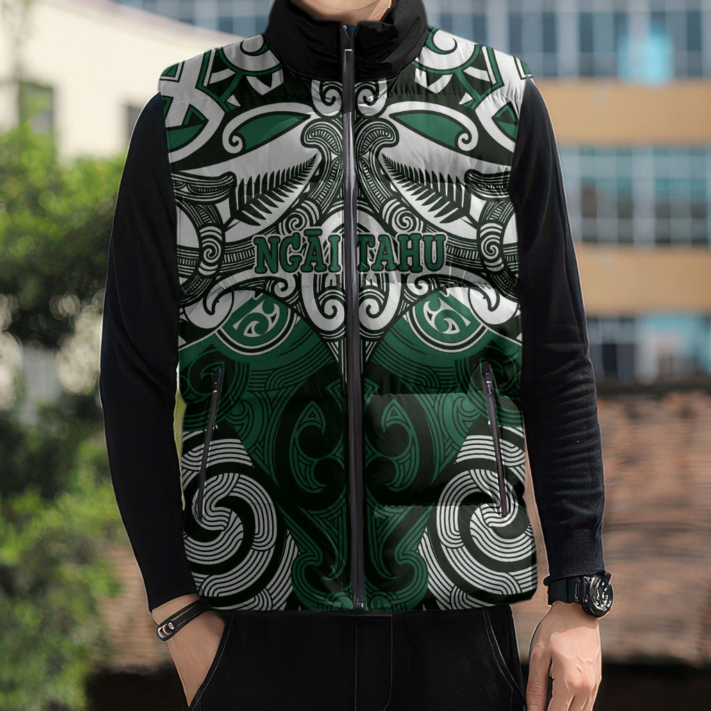 Personalised Maori Ngai Tahu Sleeveless Puffer Jacket Silver Fern Kowhaiwhai Art