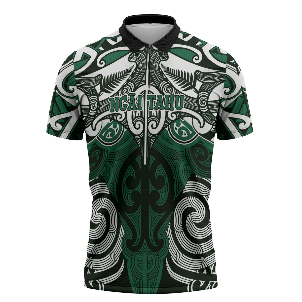 Personalised Maori Ngai Tahu Zipper Polo Shirt Silver Fern Kowhaiwhai Art