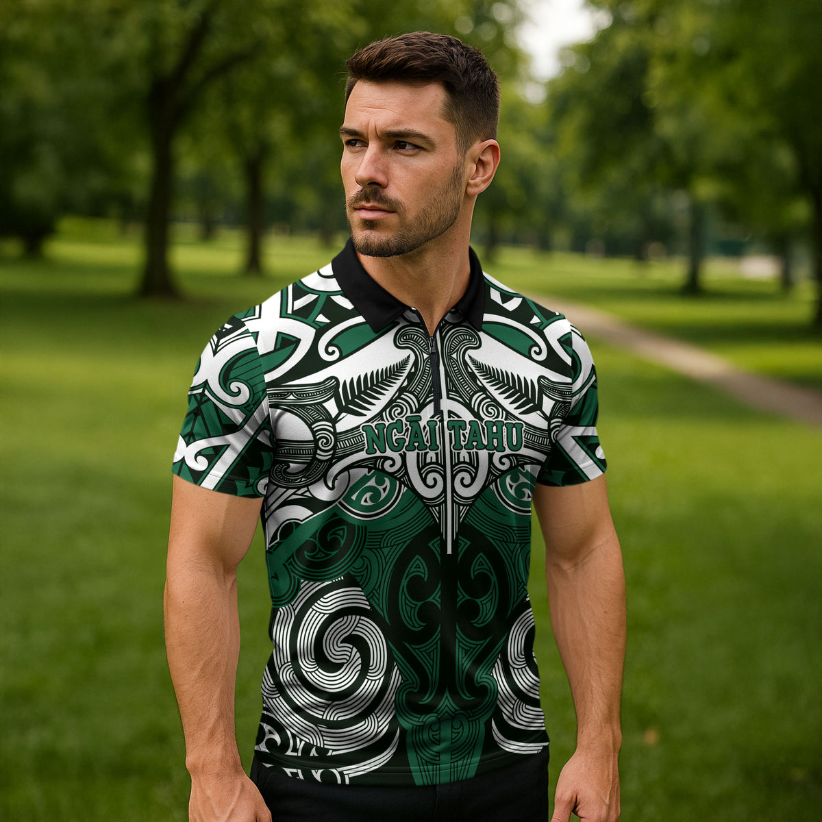 Personalised Maori Ngai Tahu Zipper Polo Shirt Silver Fern Kowhaiwhai Art