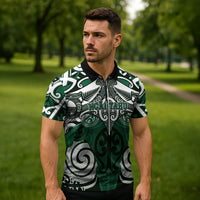 Personalised Maori Ngai Tahu Zipper Polo Shirt Silver Fern Kowhaiwhai Art