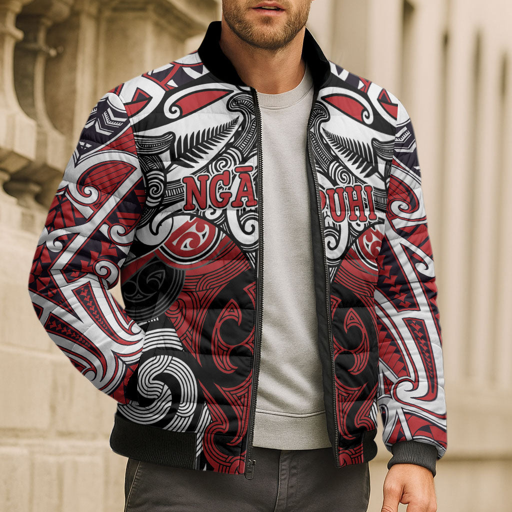 Personalised Maori Ngapuhi Bomber Puffer Jacket Silver Fern Kowhaiwhai Art