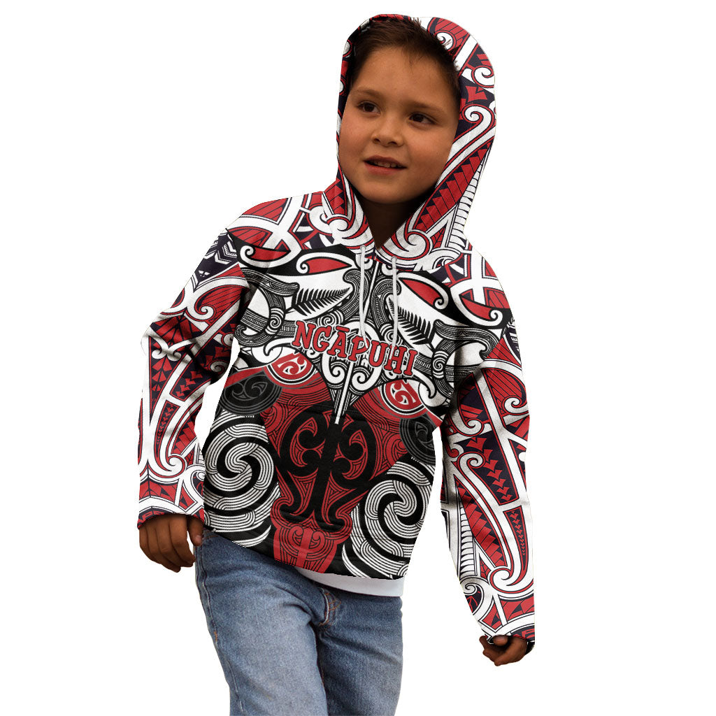 Personalised Maori Ngapuhi Kid Hoodie Silver Fern Kowhaiwhai Art