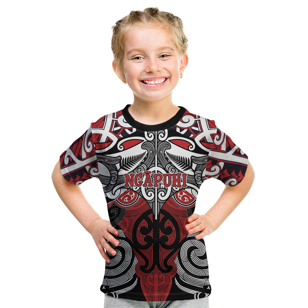 Personalised Maori Ngapuhi Kid T Shirt Silver Fern Kowhaiwhai Art