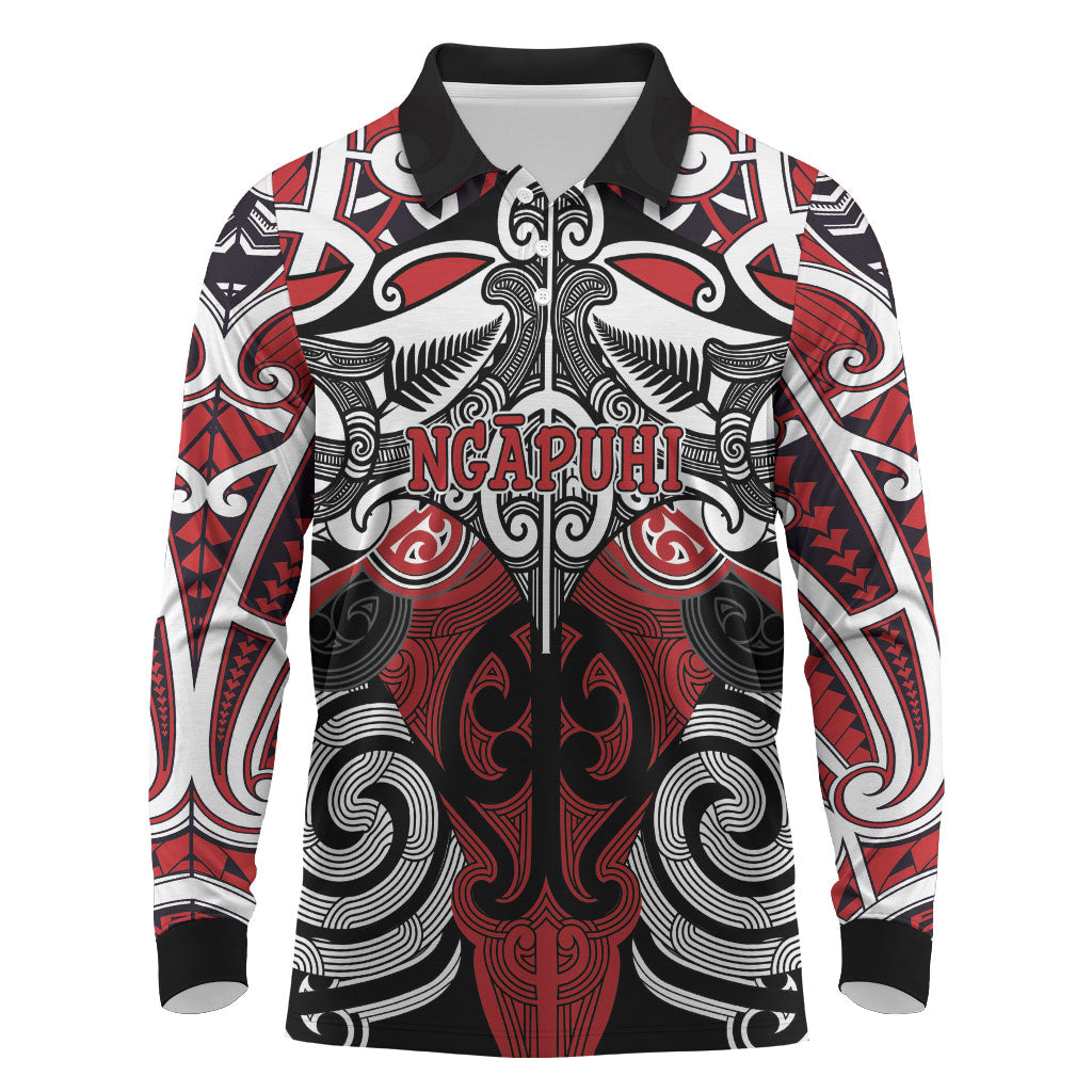 Personalised Maori Ngapuhi Long Sleeve Polo Shirt Silver Fern Kowhaiwhai Art