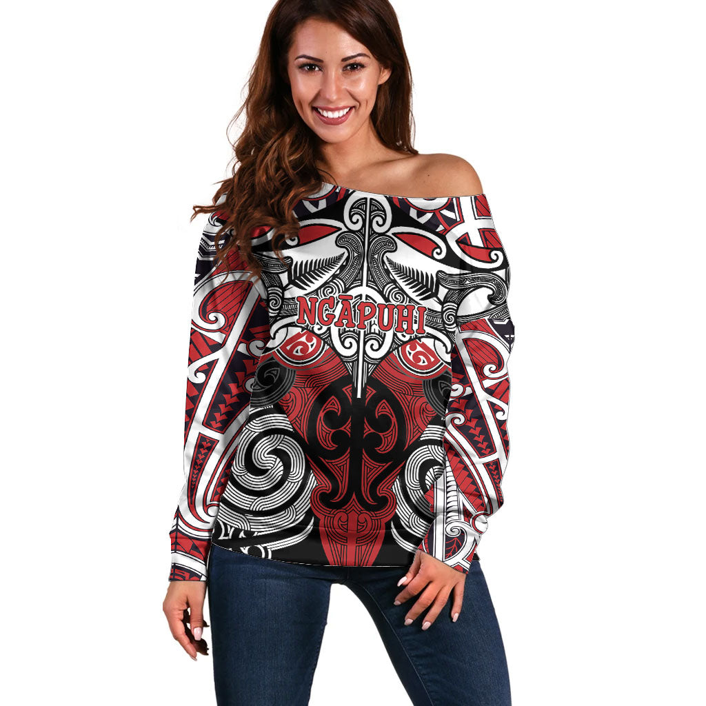 Personalised Maori Ngapuhi Off Shoulder Sweater Silver Fern Kowhaiwhai Art