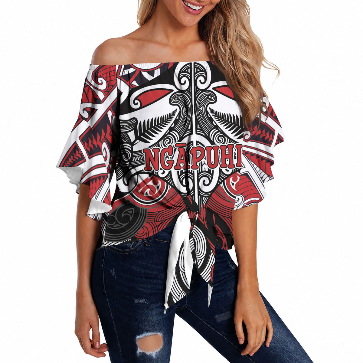 Personalised Maori Ngapuhi Off Shoulder Wrap Waist Top Silver Fern Kowhaiwhai Art