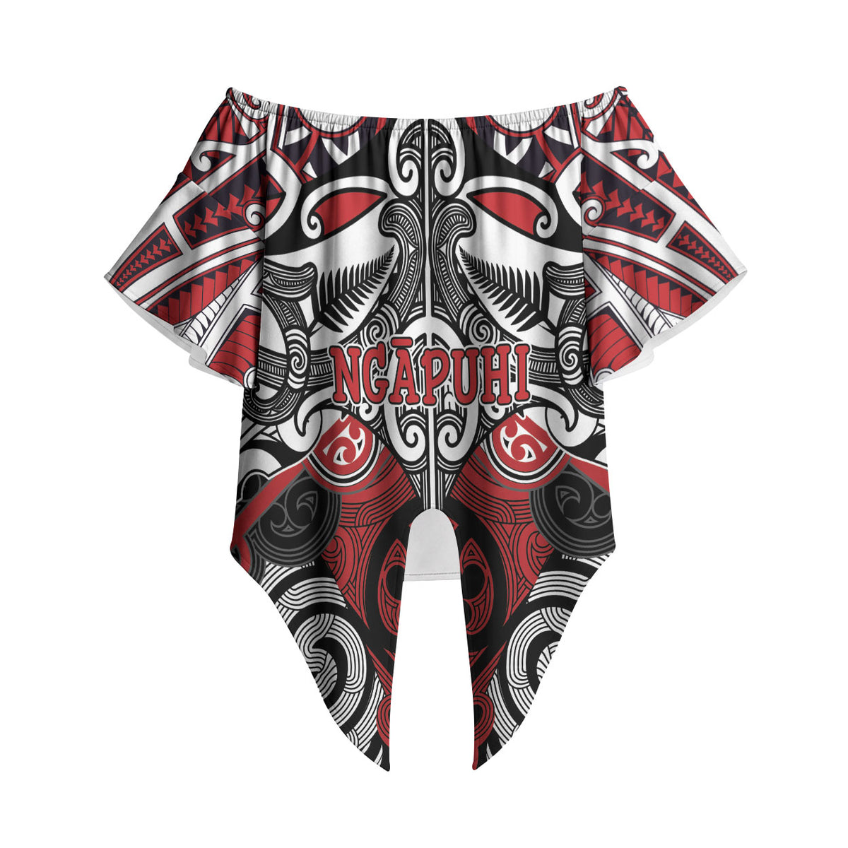 Personalised Maori Ngapuhi Off Shoulder Wrap Waist Top Silver Fern Kowhaiwhai Art
