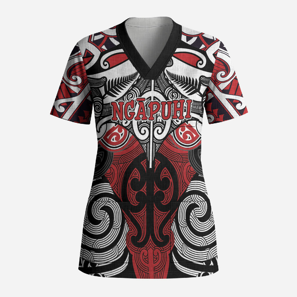 Personalised Maori Ngapuhi Scrub Top Silver Fern Kowhaiwhai Art