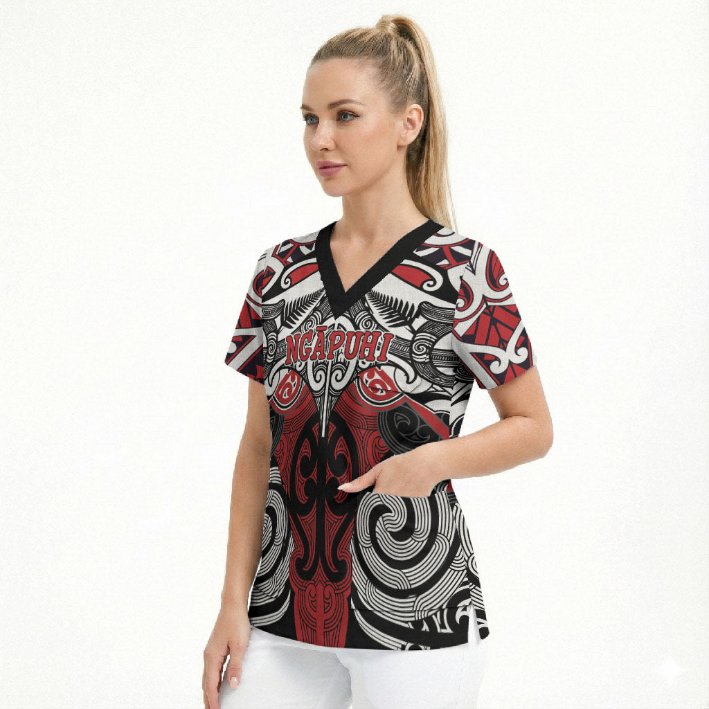 Personalised Maori Ngapuhi Scrub Top Silver Fern Kowhaiwhai Art