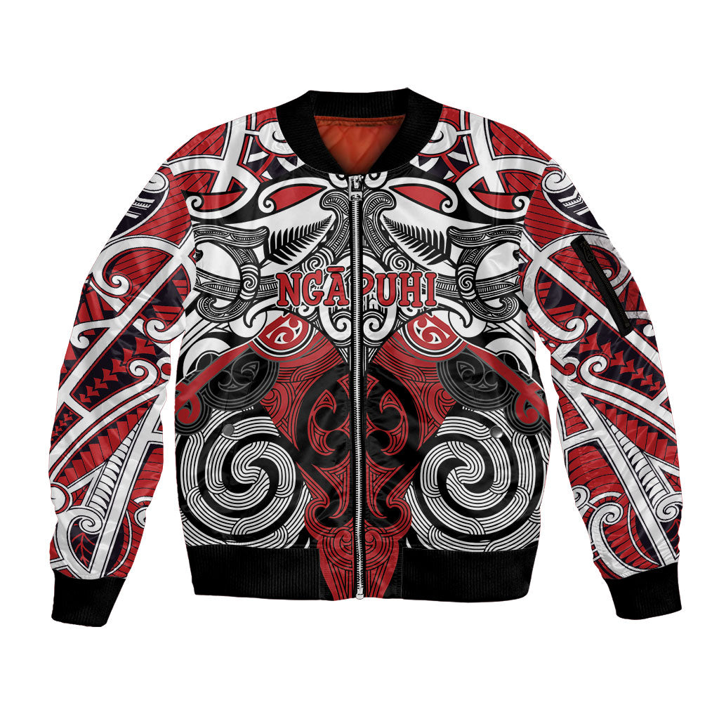 Personalised Maori Ngapuhi Sleeve Zip Bomber Jacket Silver Fern Kowhaiwhai Art