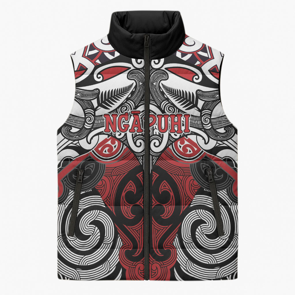 Personalised Maori Ngapuhi Sleeveless Puffer Jacket Silver Fern Kowhaiwhai Art