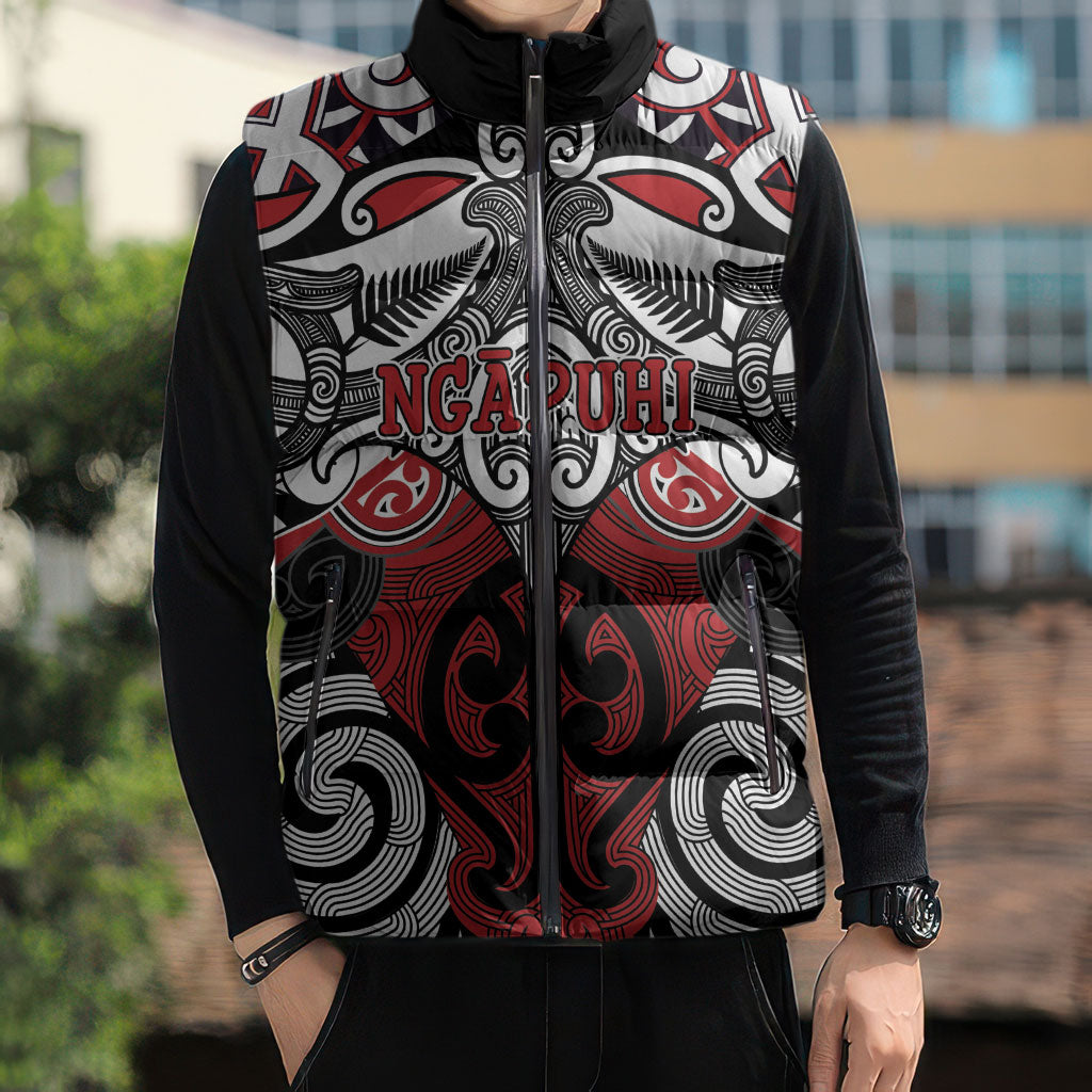 Personalised Maori Ngapuhi Sleeveless Puffer Jacket Silver Fern Kowhaiwhai Art
