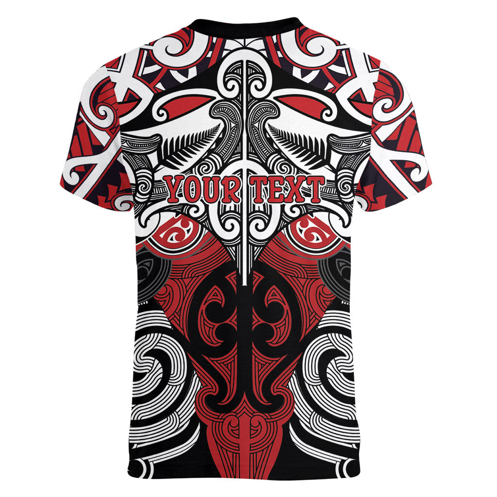 Personalised Maori Ngapuhi Women V-Neck T-Shirt Silver Fern Kowhaiwhai Art