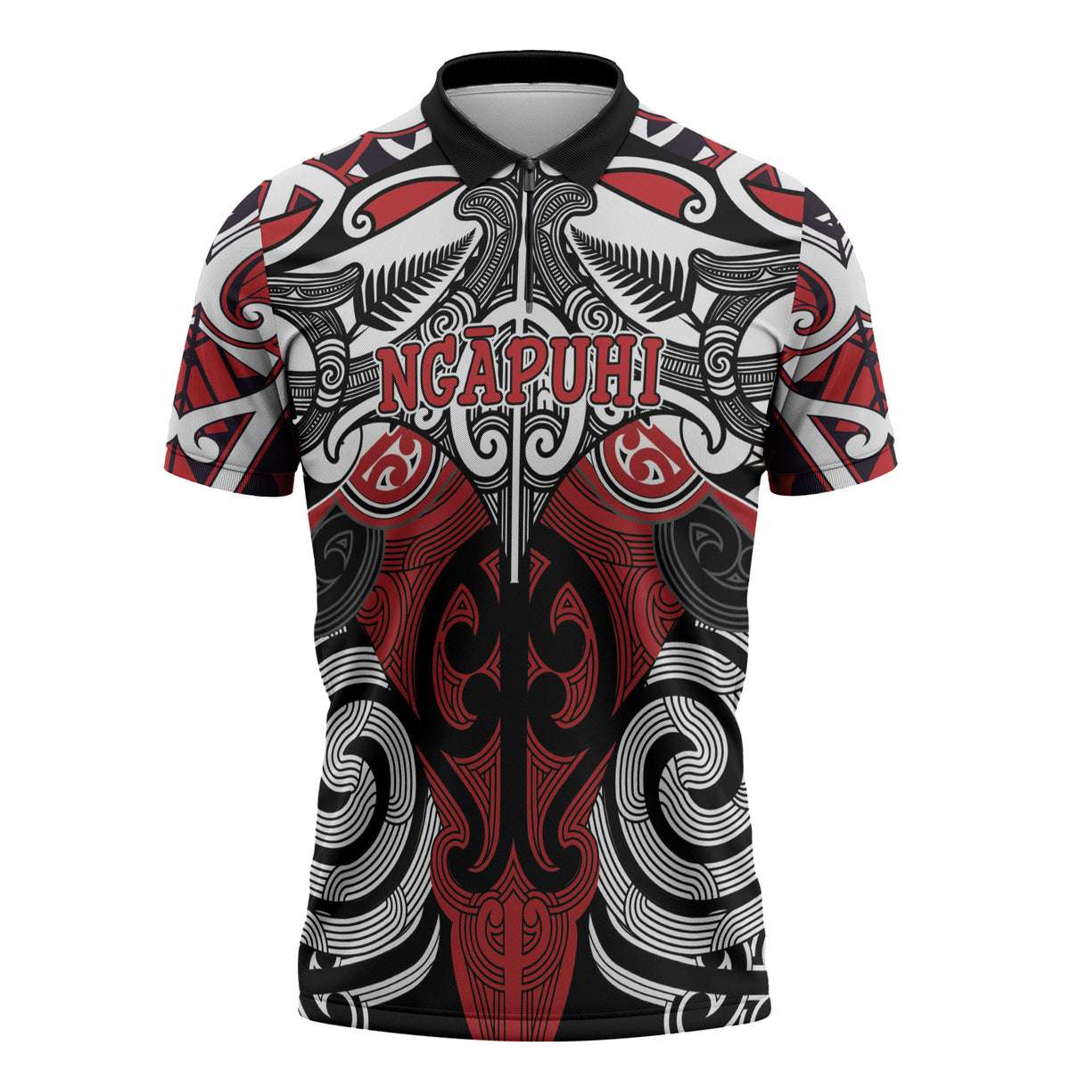 Personalised Maori Ngapuhi Zipper Polo Shirt Silver Fern Kowhaiwhai Art