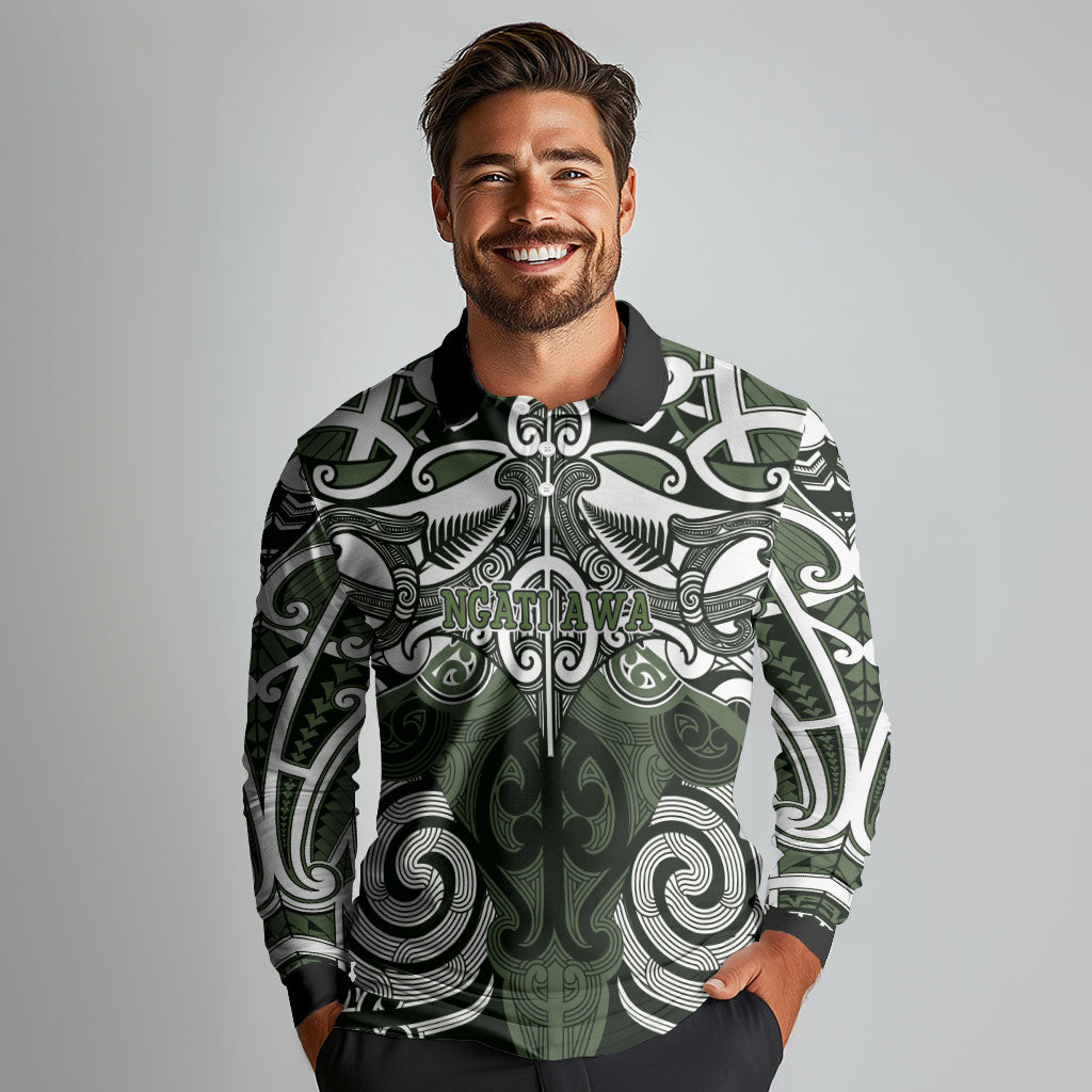 Personalised Maori Ngati Awa Long Sleeve Polo Shirt Silver Fern Kowhaiwhai Art